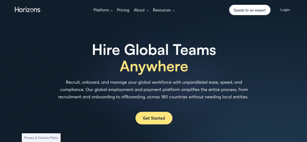 Horizon platform homepage showing key features and pricing