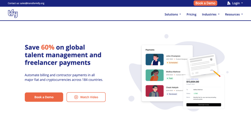 Transformify platform homepage showing key features and pricing