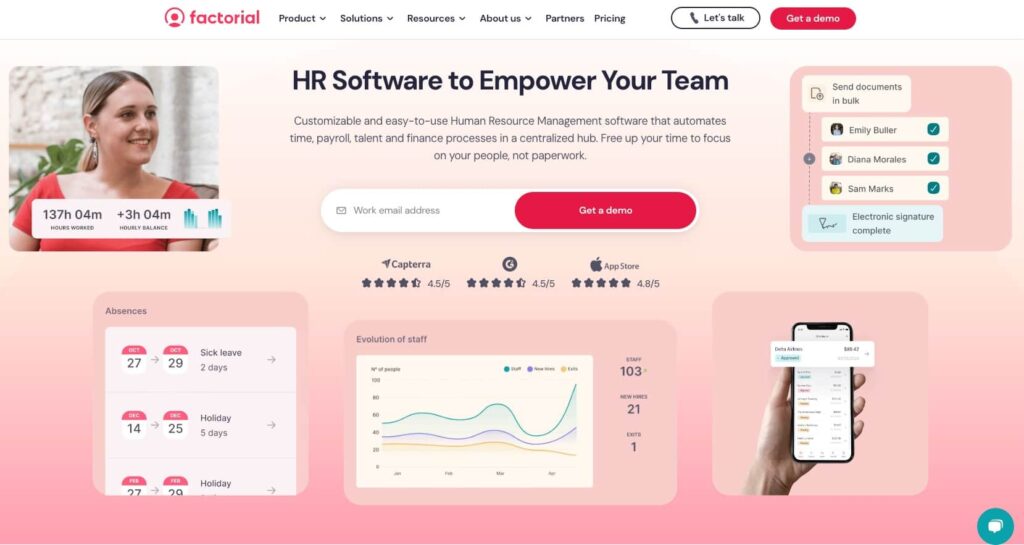 Factorial HR platform homepage showing key features and pricing