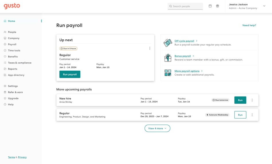 Gusto payroll management feature dashboard and interface