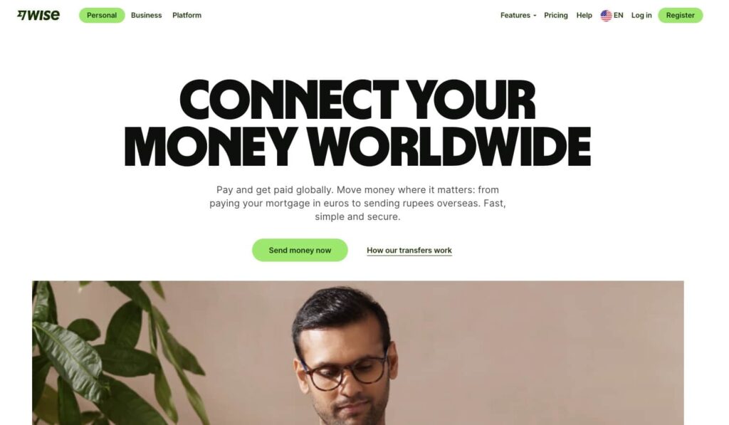 Wise platform homepage showing key features and pricing