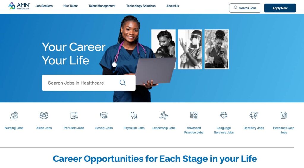 AMN Healthcare platform homepage showing key features and pricing