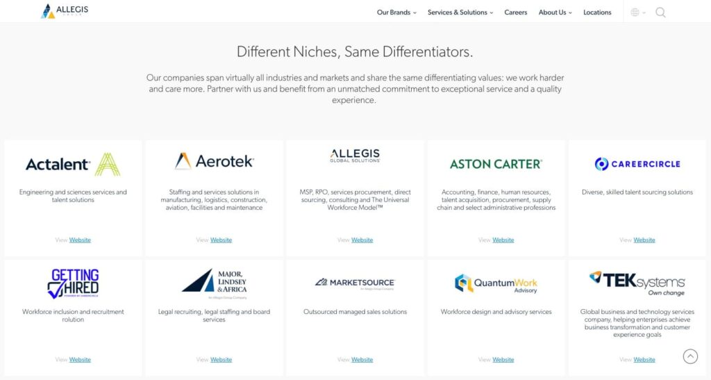 Allegis Group platform homepage showing key features and pricing