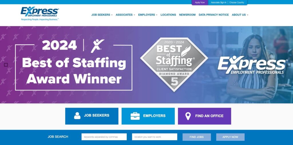 Express Employment Professionals platform homepage showing key features and pricing