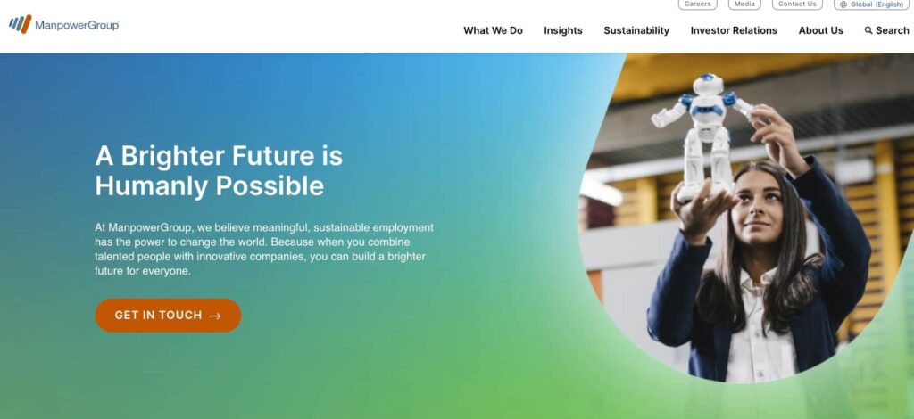 ManpowerGroup platform homepage showing key features and pricing