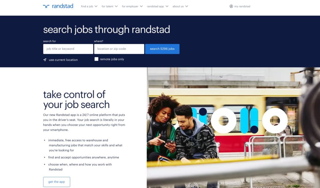 Randstad USA platform homepage showing key features and pricing
