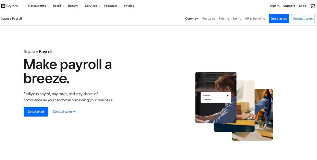 Square Payroll platform homepage showing key features and pricing