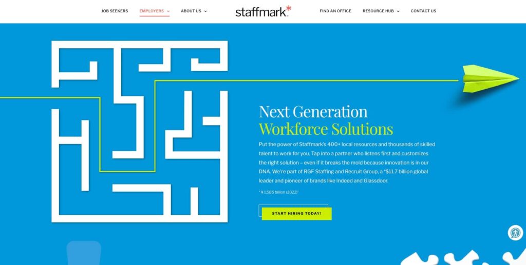Staffmark platform homepage showing key features and pricing