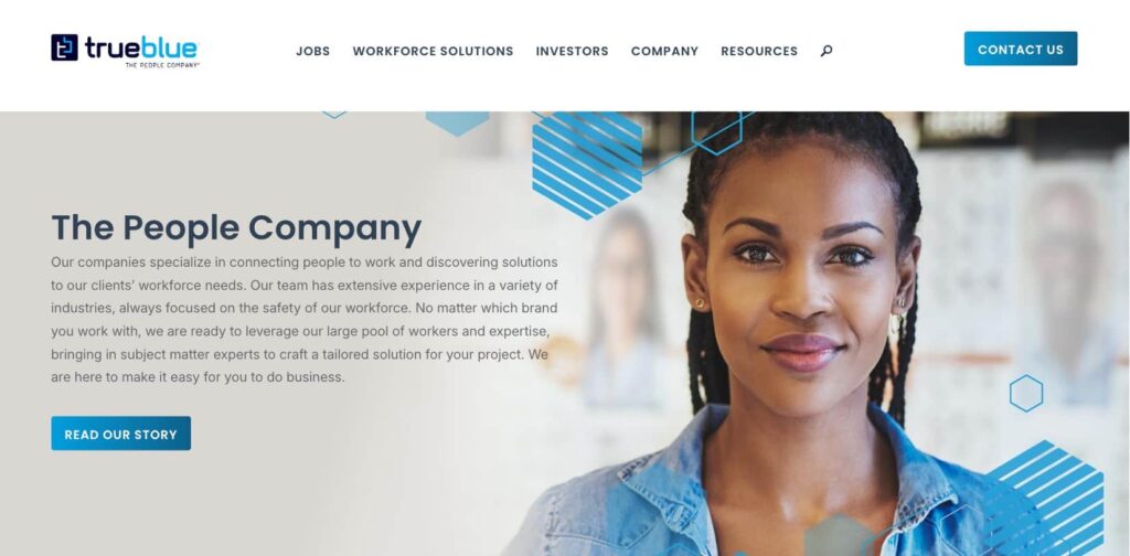 TrueBlue platform homepage showing key features and pricing