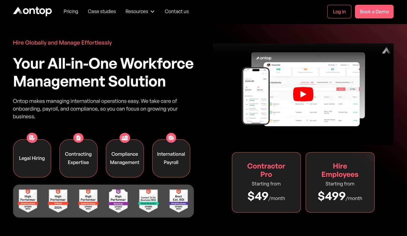 OnTop platform homepage showing key features and pricing