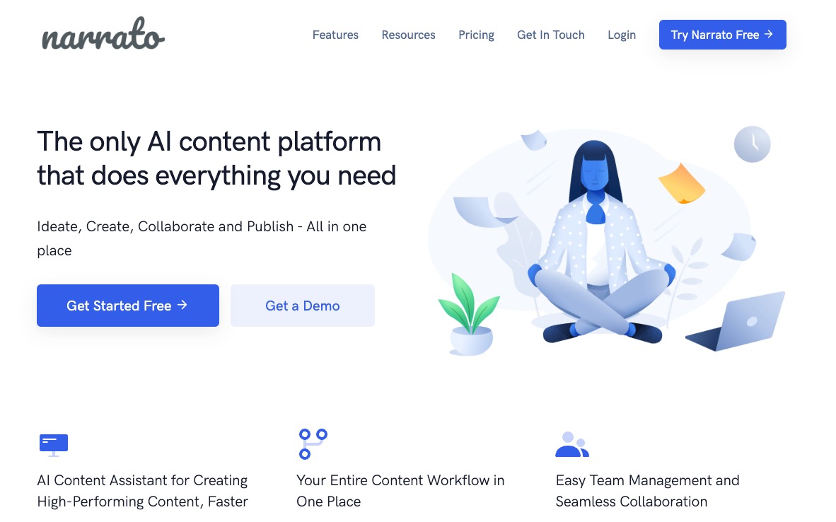 Narrato platform homepage showing key features and pricing