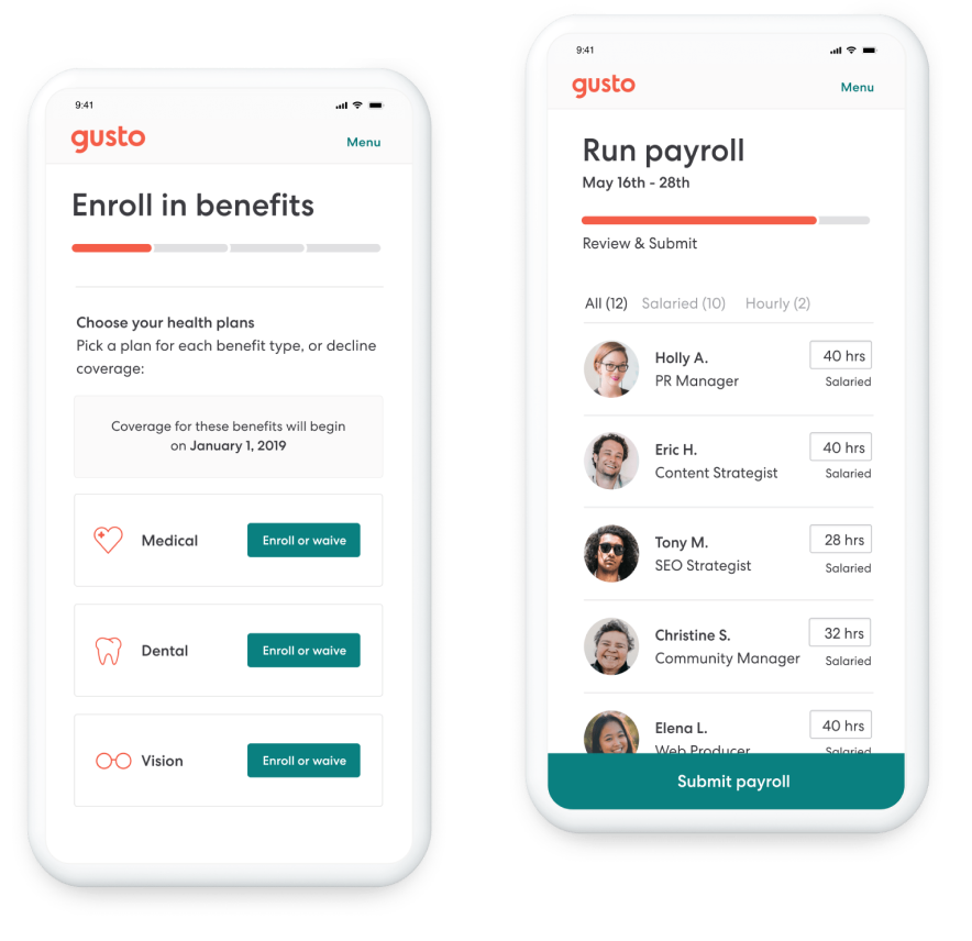 Gusto Benefits Administration feature dashboard and interface