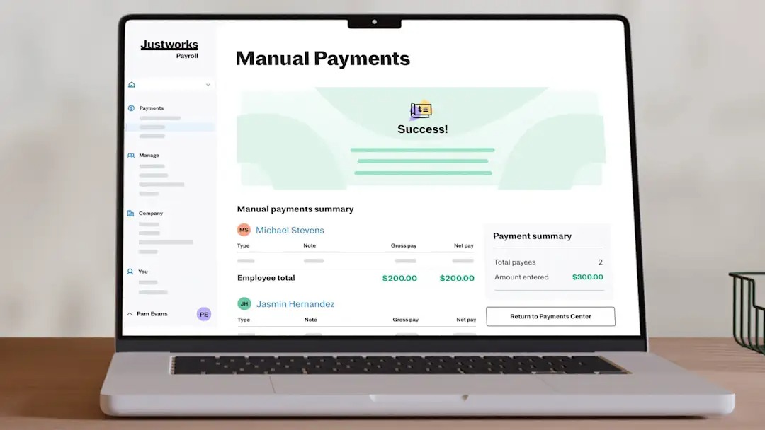 Justworks Payroll feature dashboard and interface