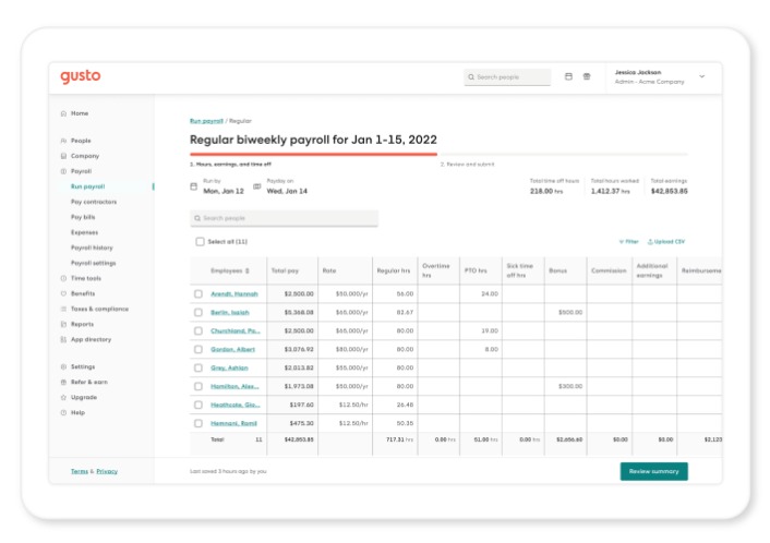 Gusto automated payroll feature dashboard and interface