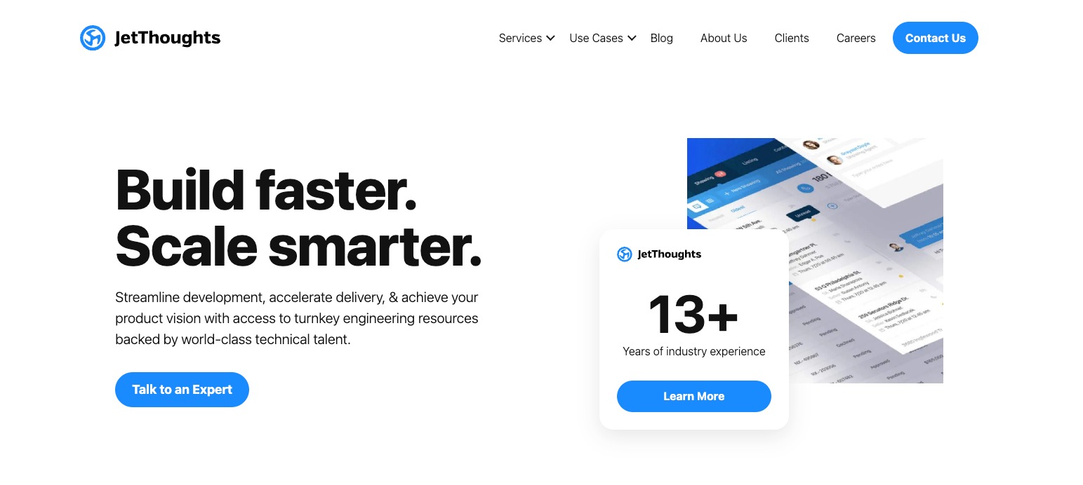 JetThoughts platform homepage showing key features and pricing
