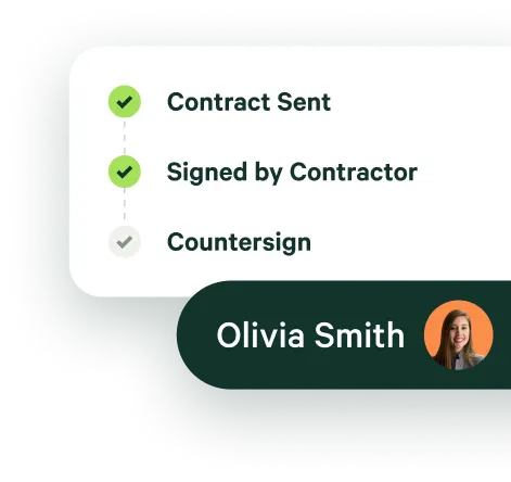 Contractor onboarding status: contract sent, signed and countersigned