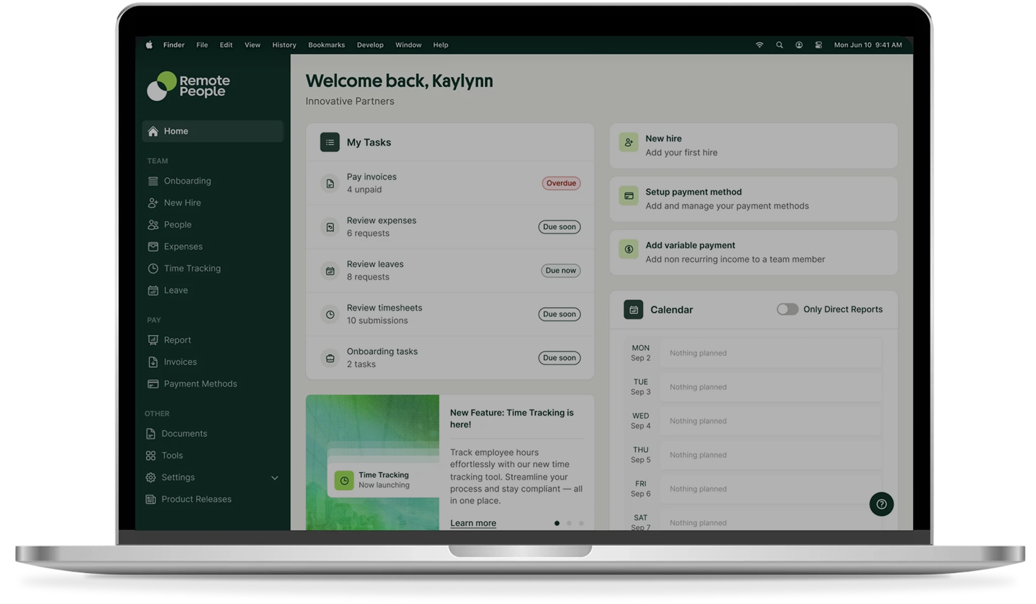 Remote People dashboard open on a laptop showing tasks and calendar